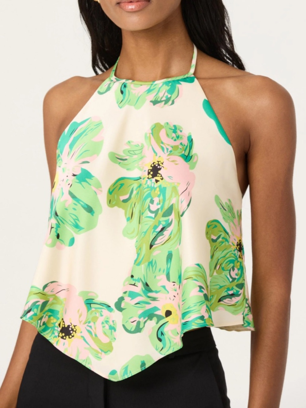 ASTR the Label Cream Floral Satin Halter Top with Green & Pink Print, size Mediu